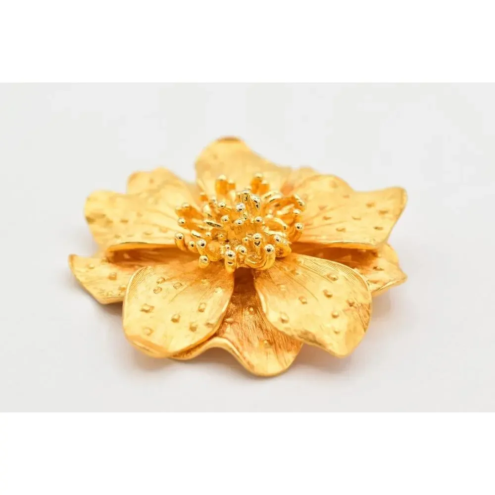KJL Vintage Dogwood Flower Pin Brooch Brushed Gold Matte Chunky Signed 80s BinBK